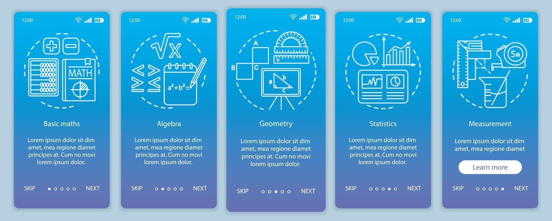 cursos de matemáticas, aprendizaje de matemáticas incorporación de plantilla de vector de pantalla de página de aplicación móvil. tutorial del sitio web cinco pasos con ilustraciones lineales. ux, ui, concepto de interfaz de teléfono inteligente..