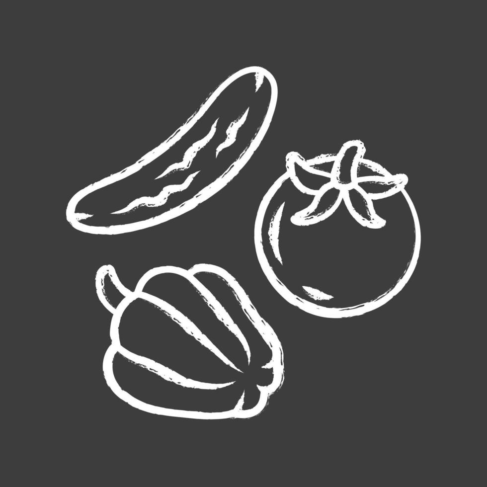 icono de tiza de verduras crudas. dieta vegetariana y alimentación saludable. comida vegana orgánica, ingredientes de ensalada de verduras frescas. ilustración de pizarra vectorial aislada de pepino entero, tomate y pimiento vector