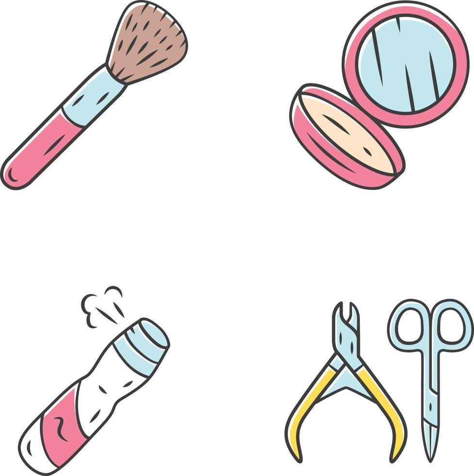 Skin care accessories color icons set. Makeup attributes, feminine hygiene. Beauty salon products isolated vector illustrations. Cosmetic brush, pocket mirror, body spray, nail scissors, nippers