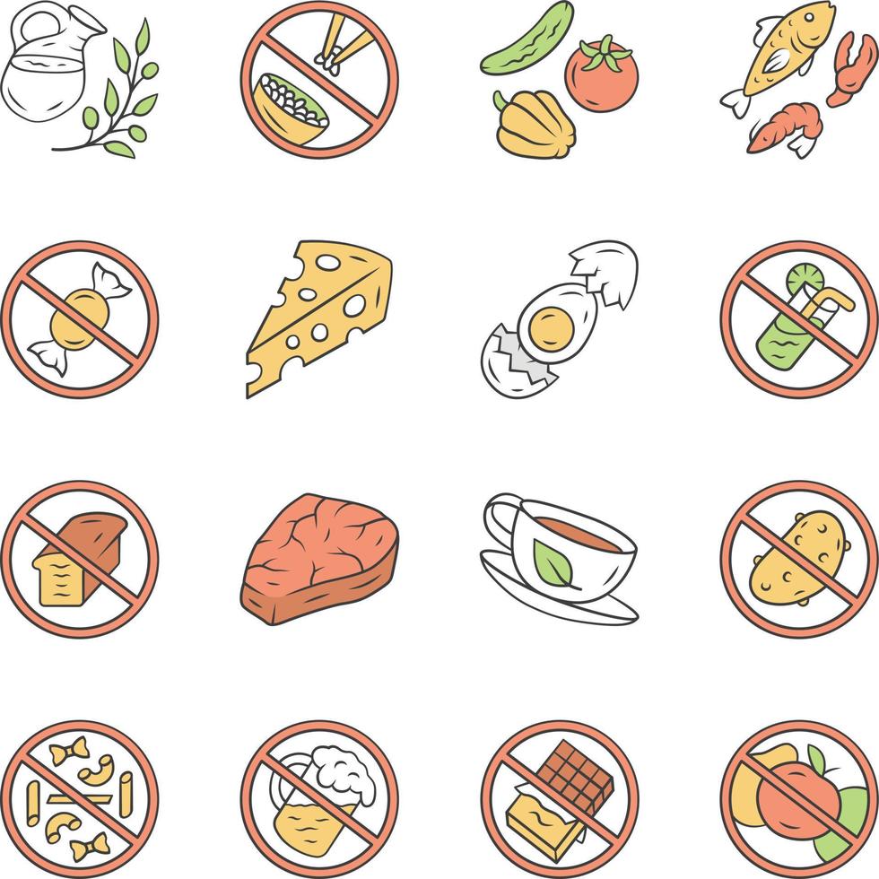 Keto diet color icons set. Low carbs and healthy eating. High fat and protein products. Alcohol, sugar free food labels. Fish, veggies, natural herbal drink isolated vector illustrations