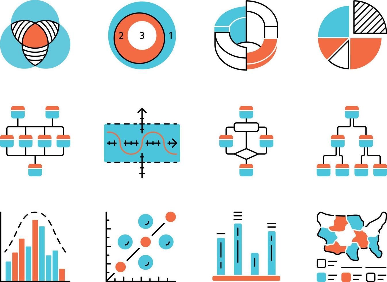 Diagram color icons set. Schematic representation of info. Statistics data visualization. Analytical report. Science, computer technologies, business, finance. Isolated vector illustrations