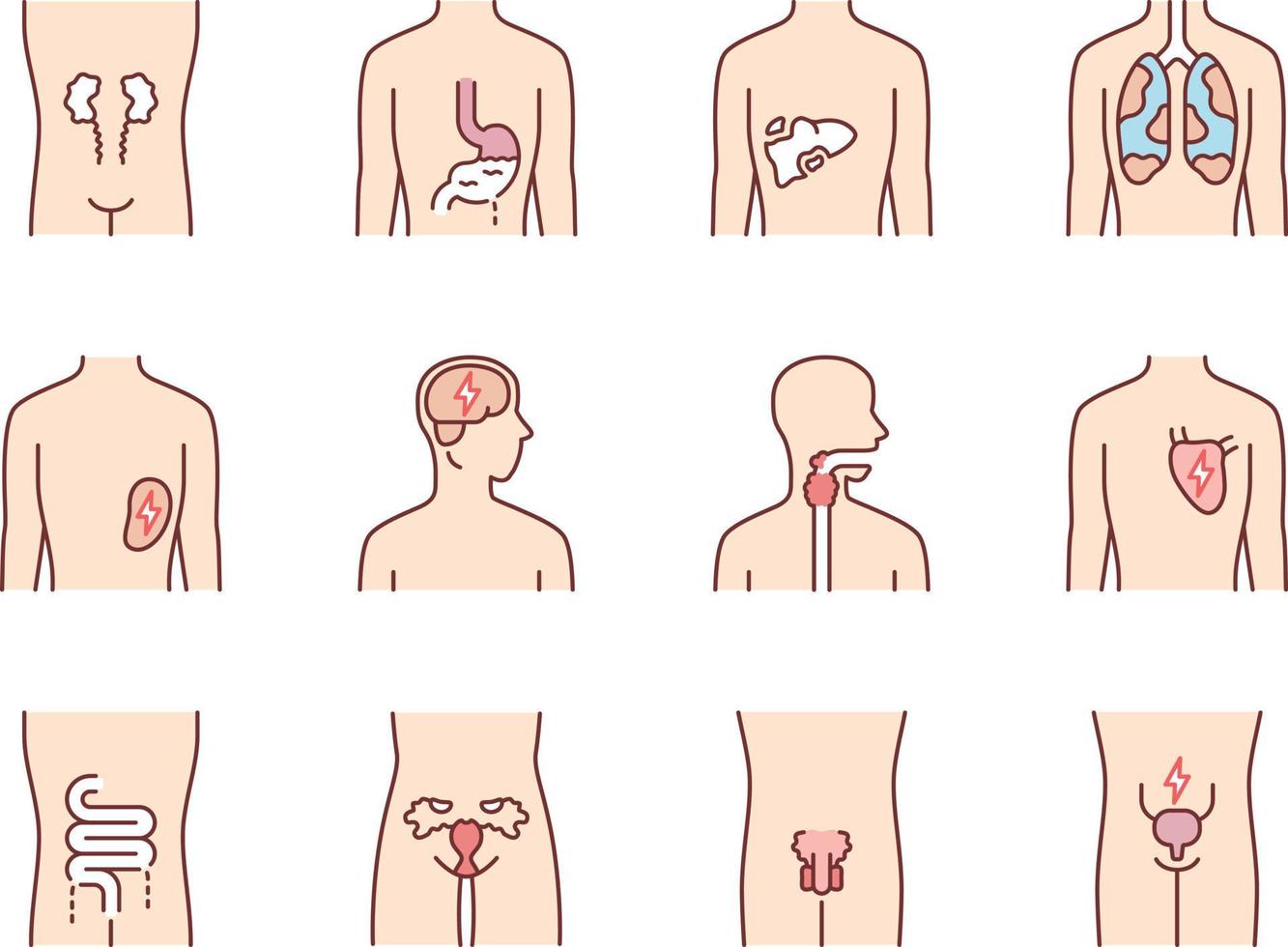 conjunto de iconos de color de órganos humanos enfermos. dolor de corazón y pulmones. dolor de garganta y vejiga urinaria. hígado e intestinos poco saludables. partes internas del cuerpo enfermas. ilustraciones de vectores aislados