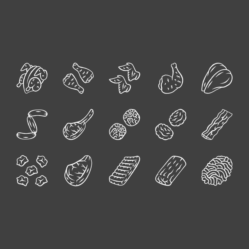 Butchers meat chalk icons set. Chicken drumsticks, breast and ham. Bacon, burger patties, steaks, oxtails. Butchery business. Meat production. Protein sources. Isolated vector chalkboard illustrations