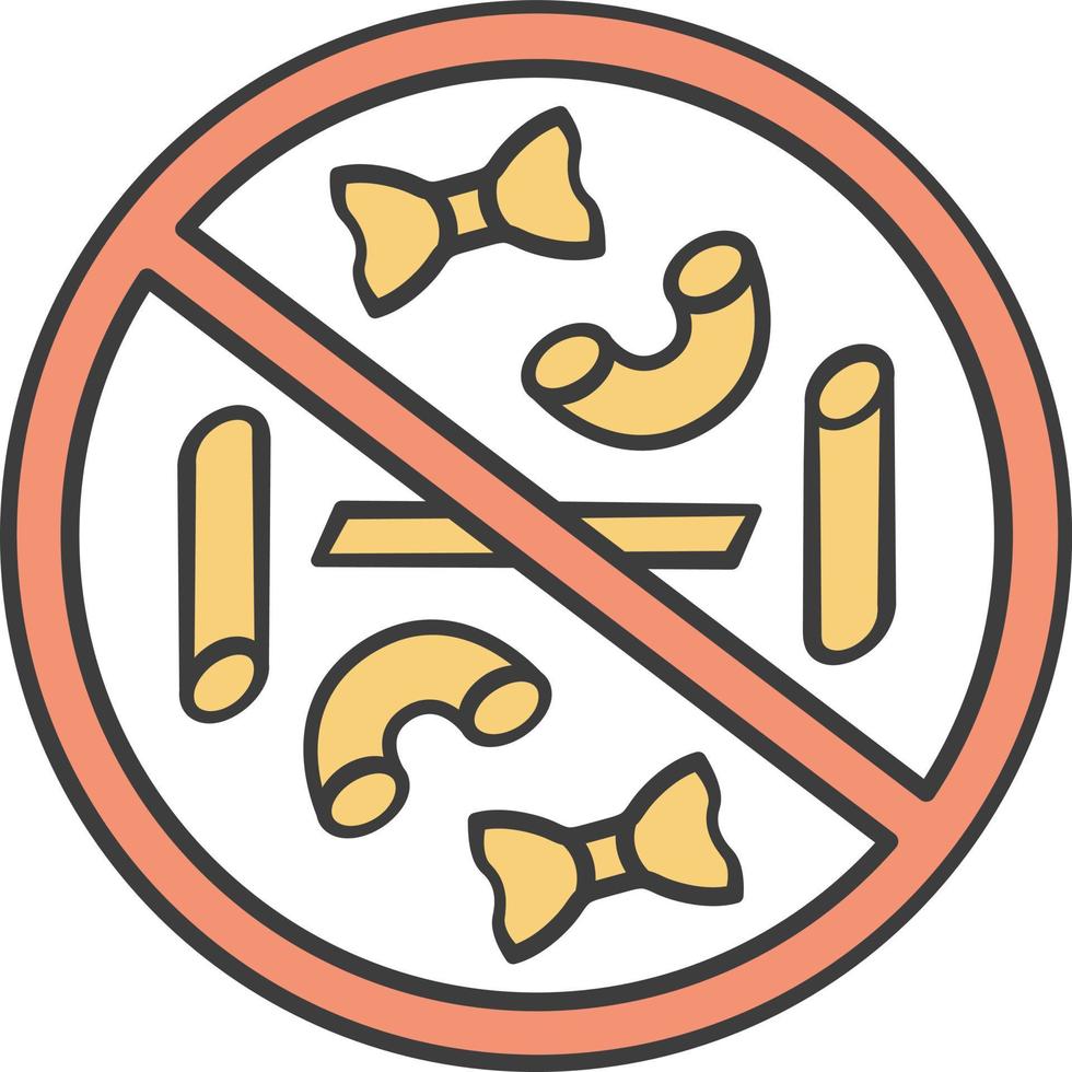 No pasta eating color icon. Carbs and gluten free label. Healthy and weight loss diet. Durum wheat flour product sticker. Italian cuisine staple food. Macaroni isolated vector illustration