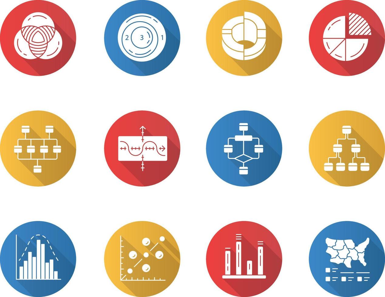 Diagram flat design long shadow glyph icons set. Schematic representation of info. Statistics data visualization. Science, computer technologies, business, finance. Vector silhouette illustration