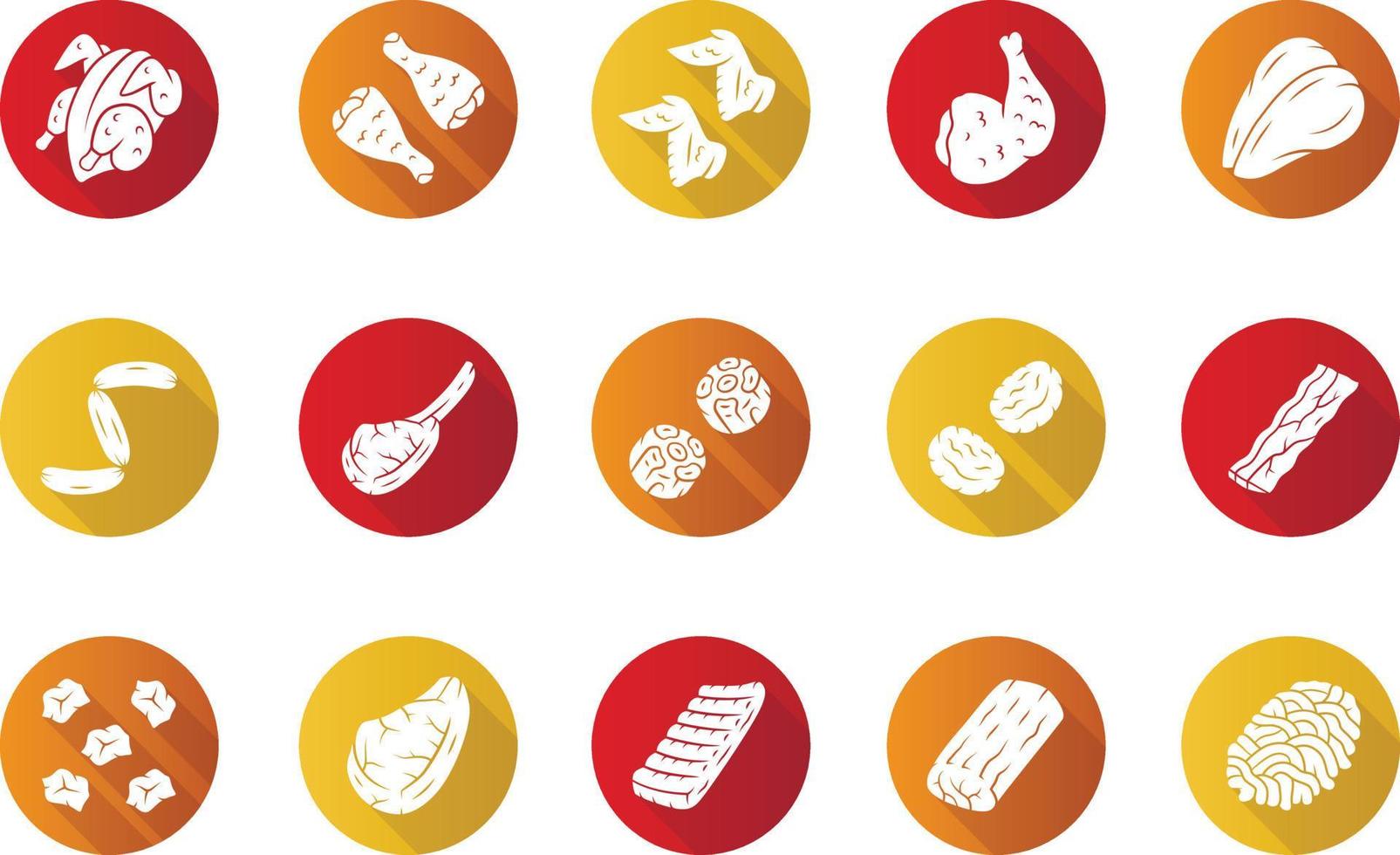 Butchers meat flat design long shadow glyph icons set. Chicken drumsticks, breast and ham. Bacon, burger patties, steaks, oxtails. Butchery business. Protein sources. Vector silhouette illustration