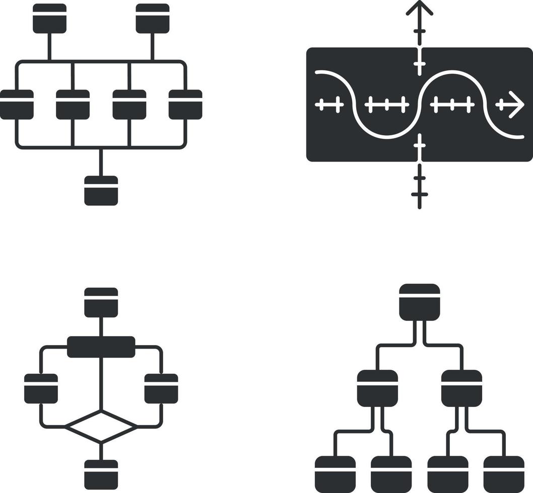 Diagrams glyph icons set. Network, tree, function graph, flowchart. Process flow. Statistics data visualization. Symbolic representation of info. Silhouette symbols. Vector isolated illustration