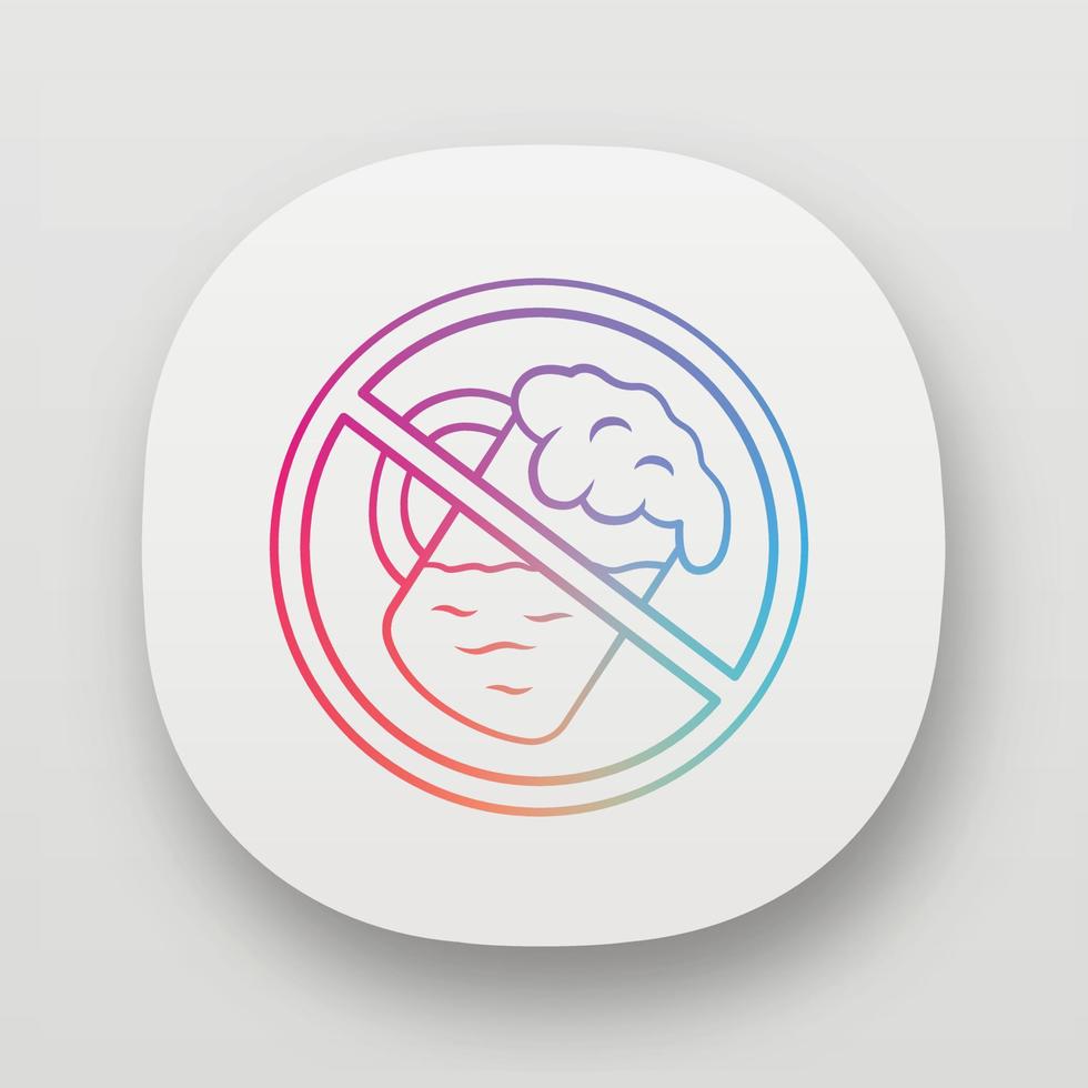 No beer app icon. Drinking forbidden label. UI UX user interface. Cocktail glass. Alcohol free, dry bar. Web or mobile application. Alcohol beverage mug with foam vector isolated illustration