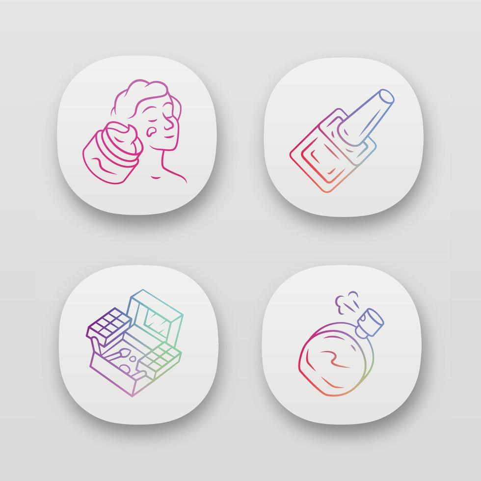 Make up accessories app icons set. UI UX user interface. Feminine hygiene, skincare products. Web or mobile applications. Vector isolated illustrations. Nail polish, face cream, cosmetic kit, perfume