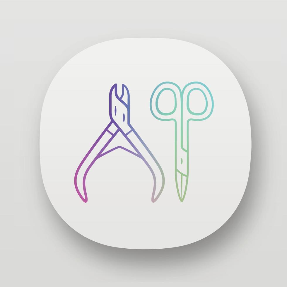 Manicure nippers and nail scissors app icon. UI UX user interface. Body care, hygiene accessories. Web or mobile application. Pedicure tools vector isolated illustration. Small toiletries, clippers