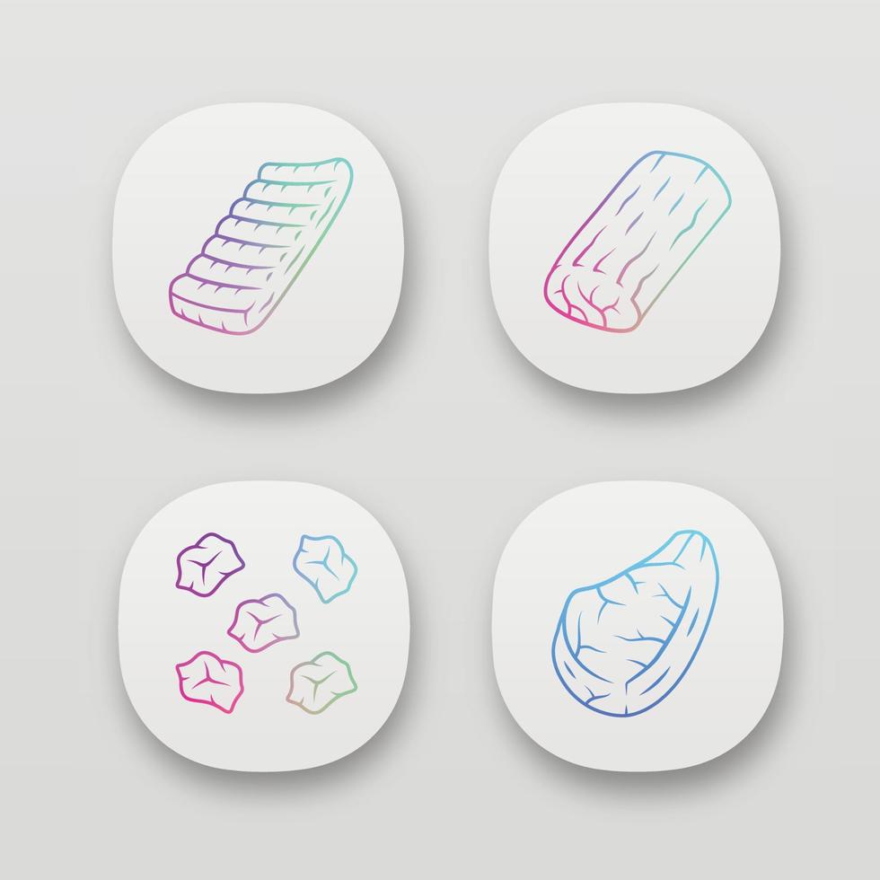 Butchers meat app icons set. Pork roast, pork steak, pre cut meat, beef ribs. Meat production and sale. Butchery business. UI UX user interface vector