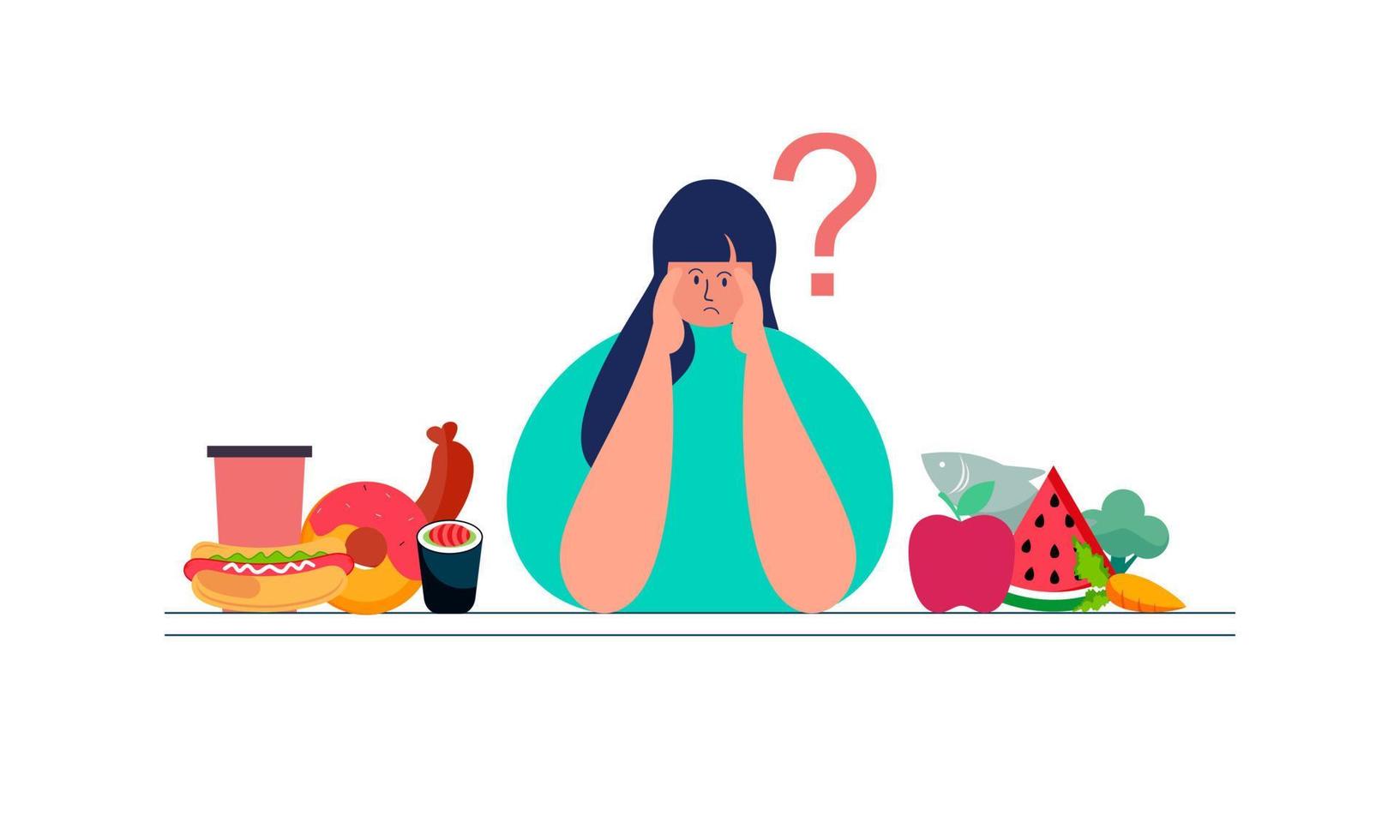 Woman choosing between healthy and unhealthy food concept illustration vector