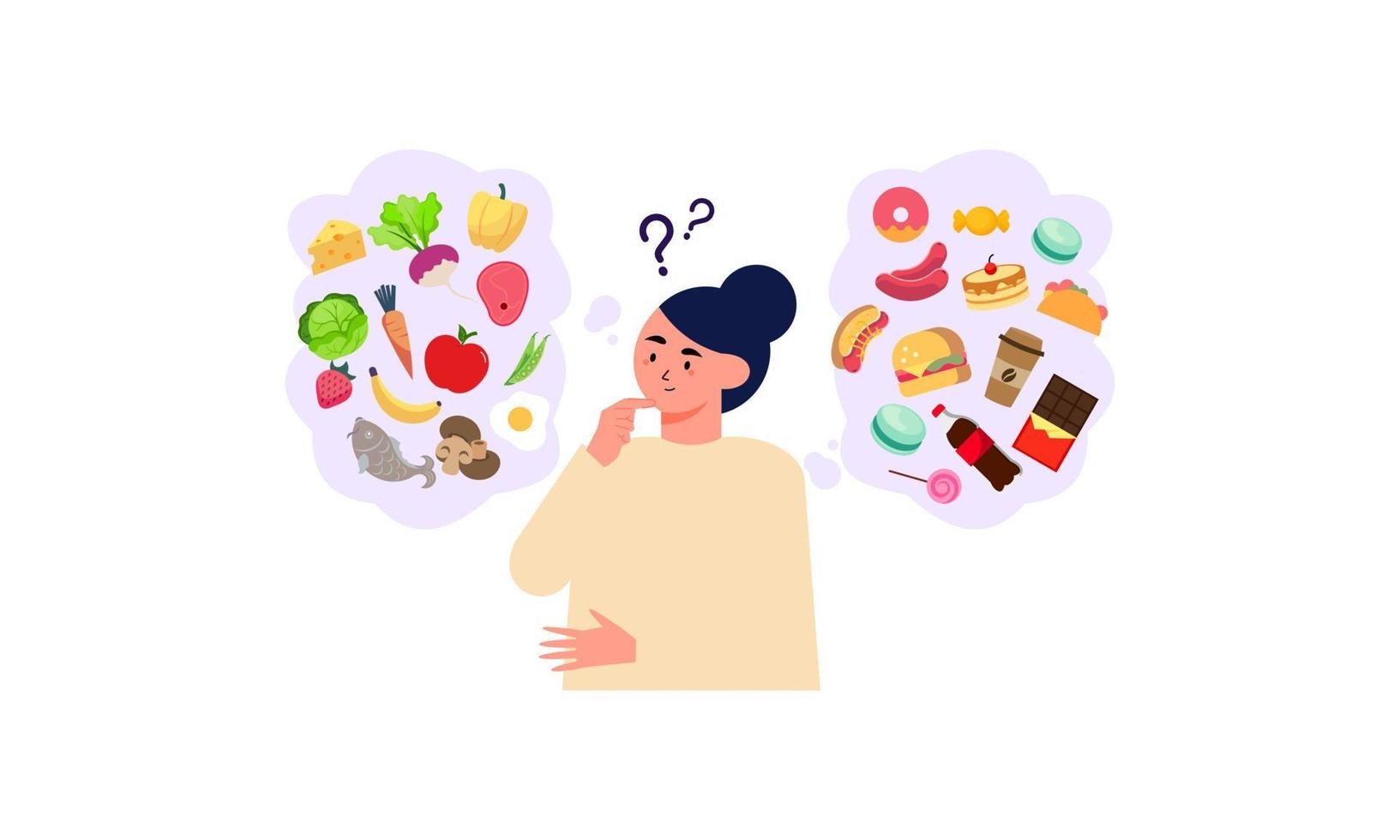 mujer eligiendo entre ilustración de concepto de alimentos saludables y no saludables vector