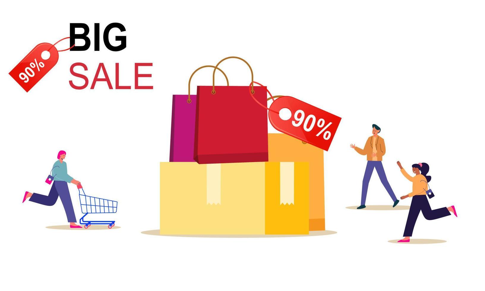 People run with shopping cart bag present box black friday big sale banner vector illustration