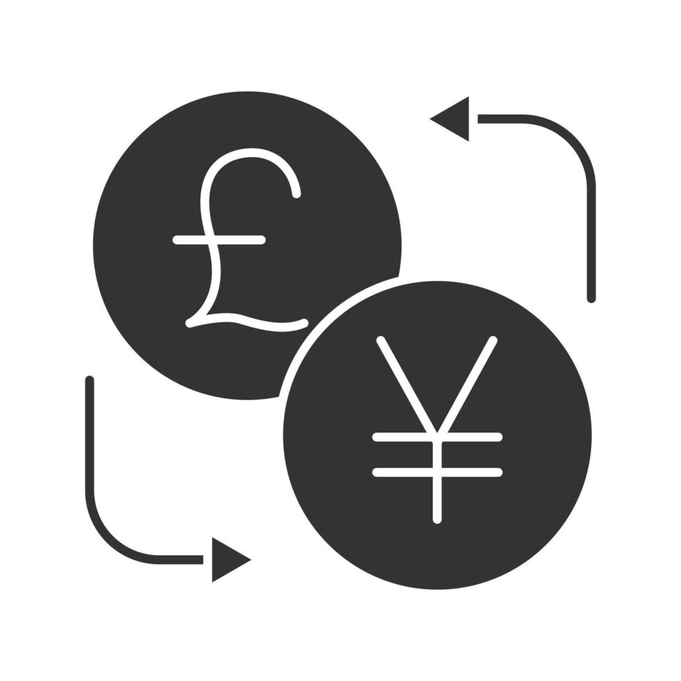 British pound and yen currency exchange glyph icon. Silhouette symbol. Negative space. Refund. Vector isolated illustration