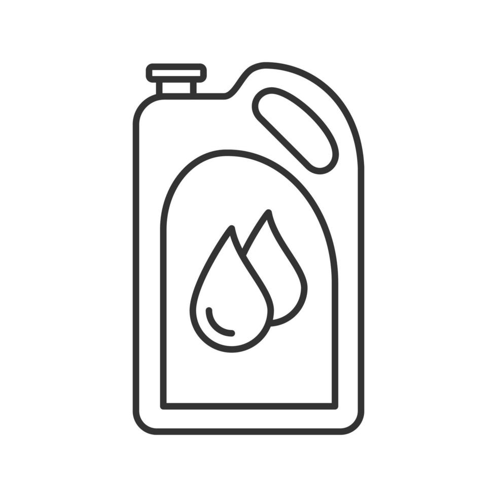 Motor oil linear icon. Plastic jerry can with liquid drops. Fuel container. Thin line illustration. Contour symbol. Vector isolated outline drawing