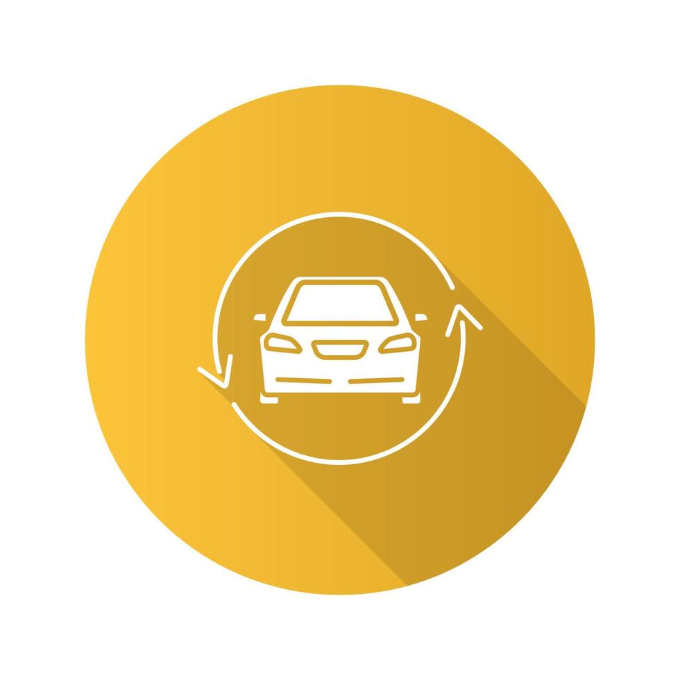 Car with circle arrow flat design long shadow glyph icon. Complete automobile repair service. Used car market. Vector silhouette illustration