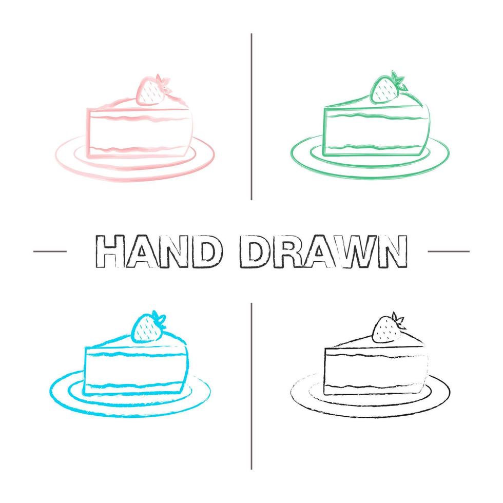 Cheesecake with strawberry hand drawn icons set. Piece of cake. Color brush stroke. Isolated vector sketchy illustrations