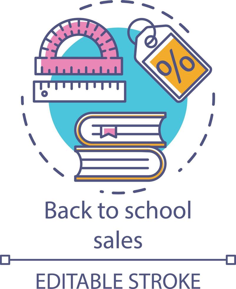 Back to school discount sales concept icon. Stationery items store advertising idea thin line illustration. Seasonal shopping event promotion vector isolated outline drawing. Editable stroke