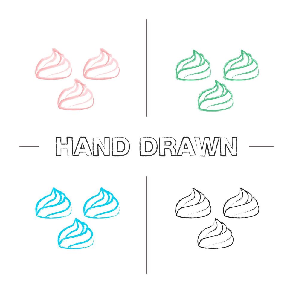 Meringues hand drawn icons set. Marshmallow. Color brush stroke. Isolated vector sketchy illustrations