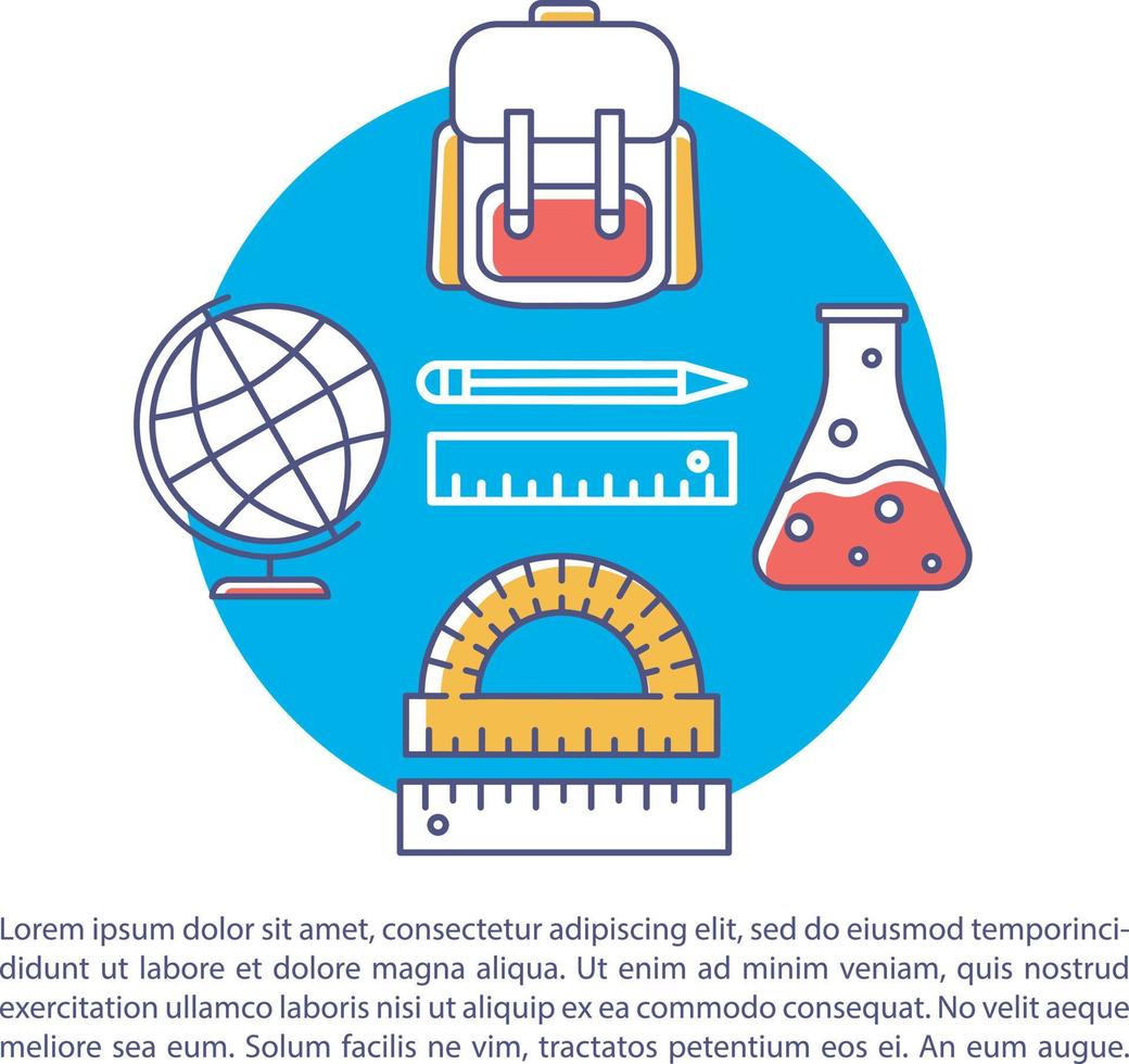 plantilla de vector de página de artículo de papelería escolar. herramientas de enseñanza. folleto, revista, elemento de diseño de folleto con iconos lineales y cuadros de texto. diseño de impresión. ilustraciones conceptuales con espacio de texto ..