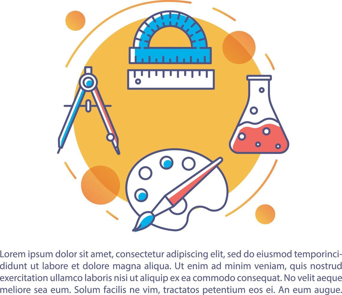 plantilla de vector de página de artículo de equipo escolar. papelería de los alumnos. folleto, revista, elemento de diseño de folleto con iconos lineales y cuadros de texto. diseño de impresión. ilustraciones conceptuales con espacio de texto....