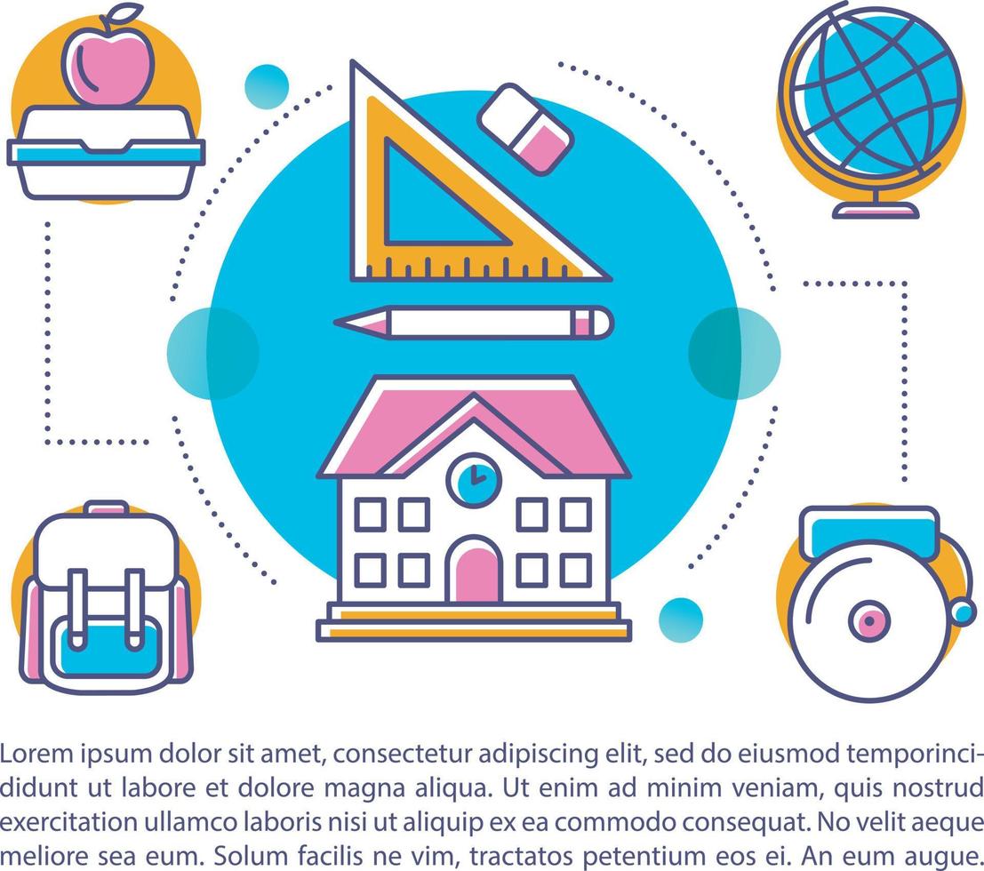 Back to school article page vector template. Pupils life. Brochure, magazine, booklet design element with linear icons and text boxes. Print design. Concept illustrations with text space ..