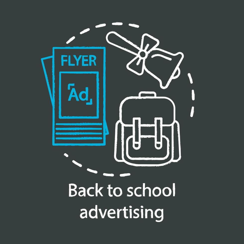 School advertising chalk concept icon. Educational institution promotion idea. University choice, college selection. Information flyer, bell and rucksack vector isolated chalkboard illustration