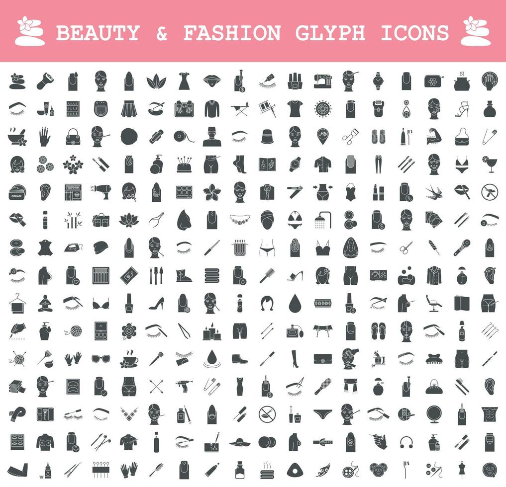Beauty and fashion industry glyph icons big set. Cosmetics, plastic surgery, spa, manicure, clothes and accessories. Skincare, body care products. Silhouette symbols. Vector isolated illustration