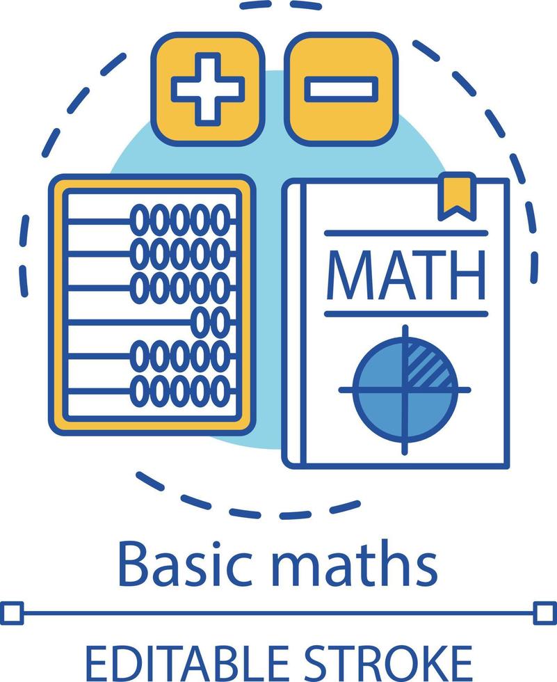 Basic maths lesson concept icon. textbook, abacus. Primary school mathematics, addition and subtraction courses idea thin line illustration. Vector isolated outline drawing. Editable stroke