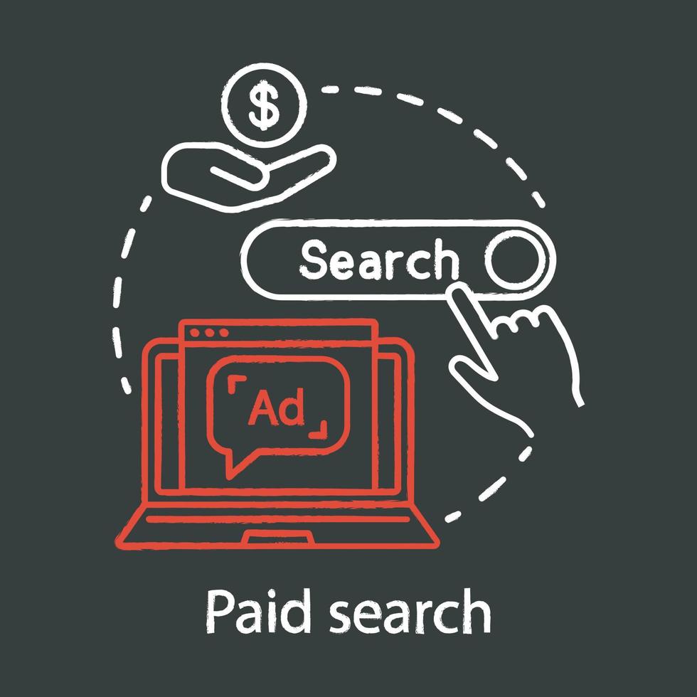 Paid search chalk concept icon. PPC channel idea. Digital marketing strategy. Pay per click model. Search engine results. SEM advertising. Vector isolated chalkboard illustration