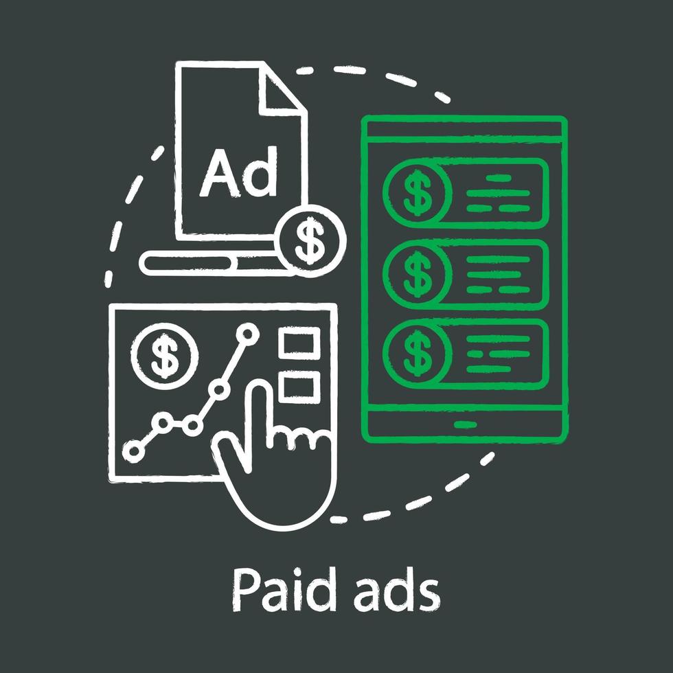 Paid ads chalk concept icon. Online marketing analytics idea. PPC channel. Sales growth. Pay per click advertising campaign. Ad networks. Vector isolated chalkboard illustration