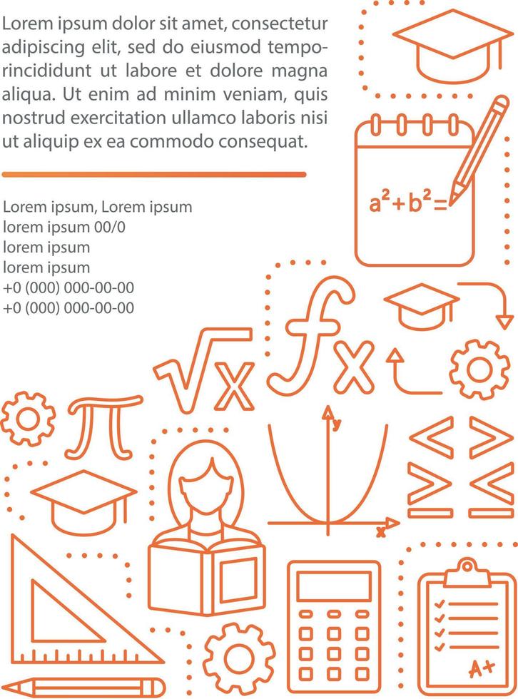 Algebra lessons, courses article page vector template. Mathematics, maths. Brochure, magazine, booklet design element with linear icons and text boxes
