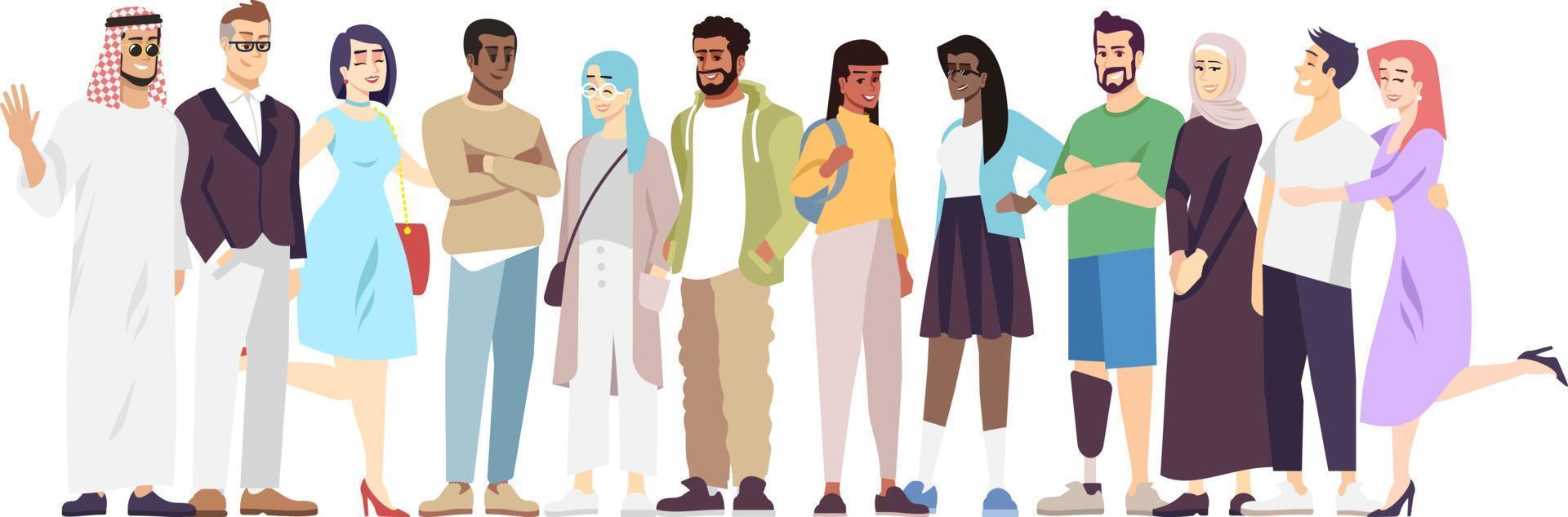 Ilustración de vector plano de comunidad multicultural. representantes de diferentes nacionalidades personajes de dibujos animados. paz internacional, cooperación, asociación. diversidad nacional en la sociedad moderna