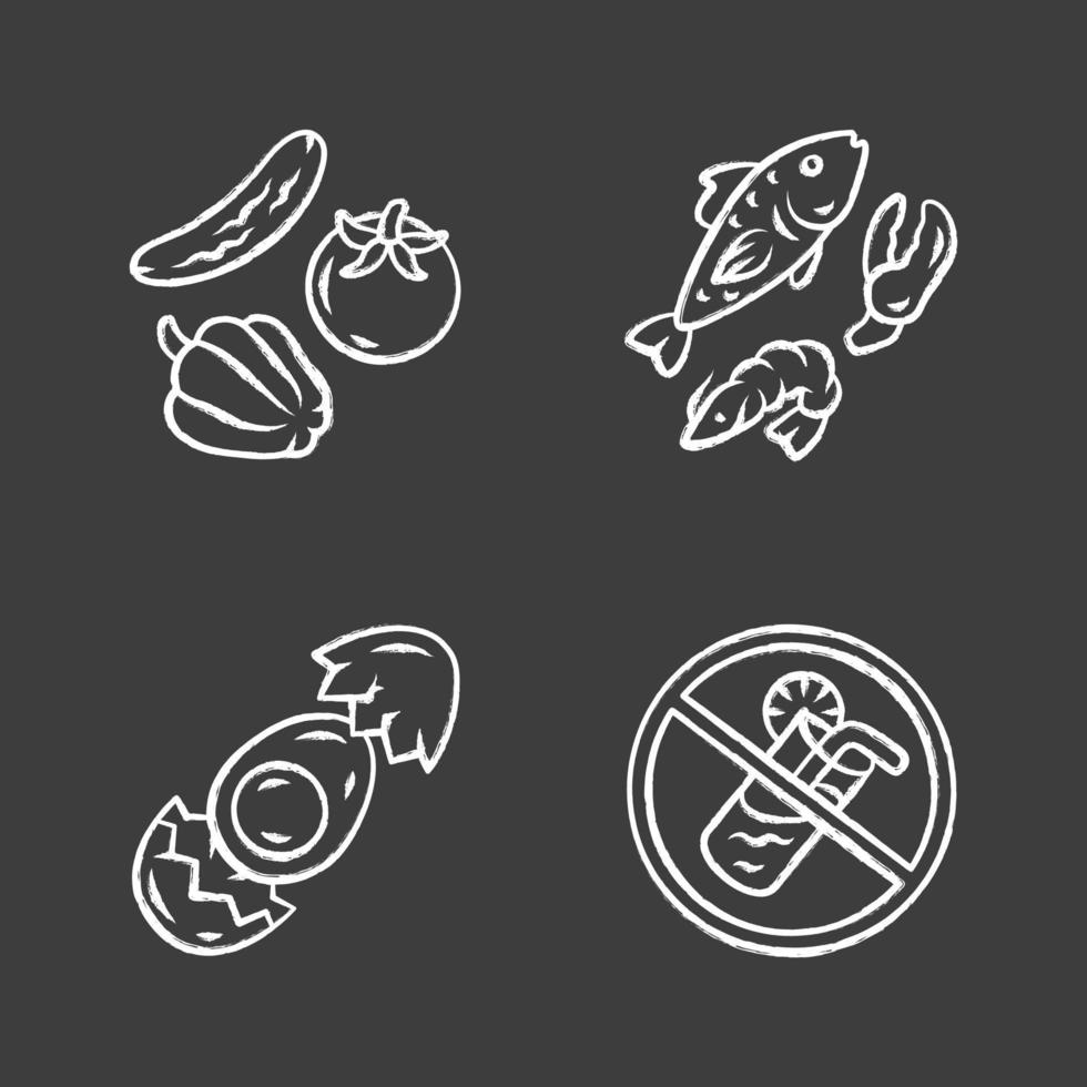 Healthy balanced eating chalk icons set. High vitamin and omega 3 food. Shrimp and crab claw seafood. No soft drinks sign. Egg, vegetables and fish ingredients isolated vector chalkboard illustrations