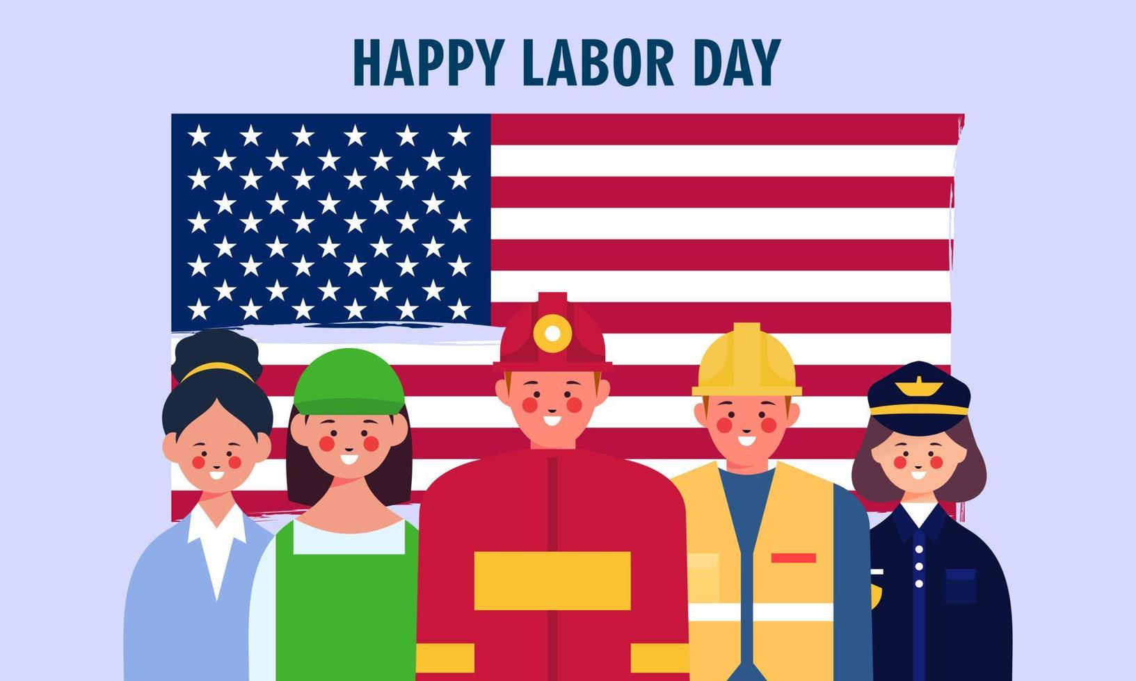 Happy labor day. various occupations people standing with american flag vector