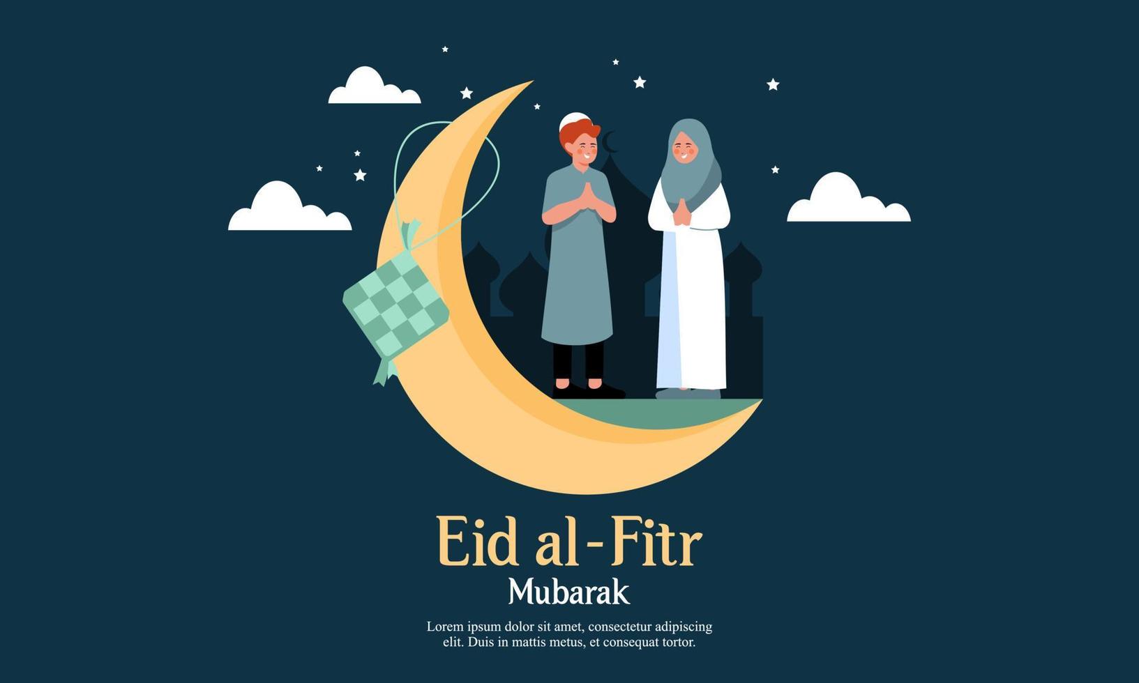 Happy eid mubarak, ramadan mubarak greeting concept with people character illustration vector