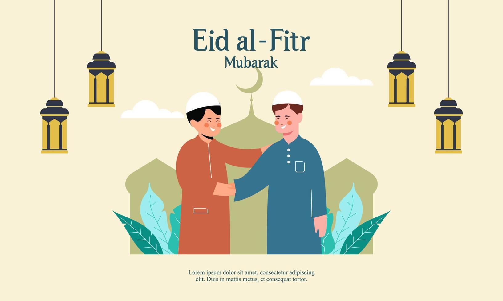 Happy eid mubarak, ramadan mubarak greeting concept with people character illustration vector