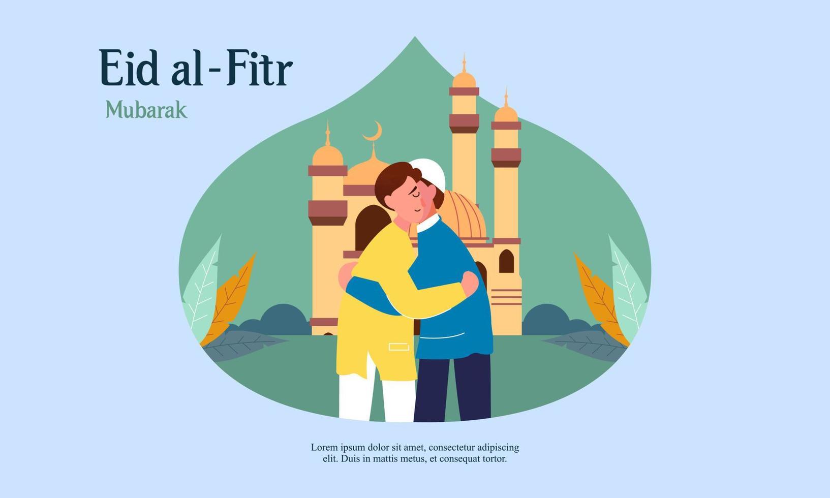 Happy eid mubarak, ramadan mubarak greeting concept with people character illustration vector