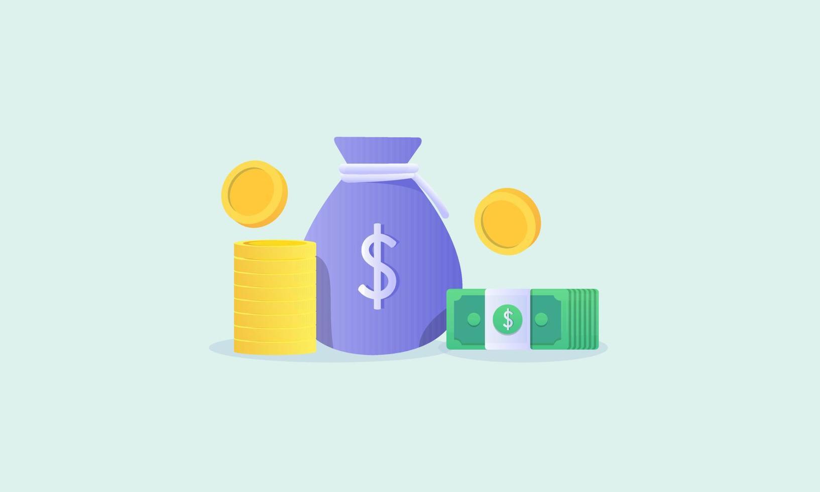 Money concept. money bag, coins stack and banknotes logo vector