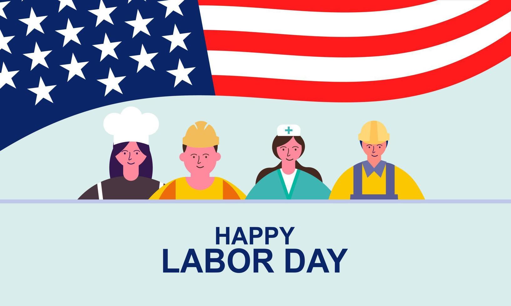 Feliz Día del Trabajo. varias ocupaciones personas de pie con bandera americana vector