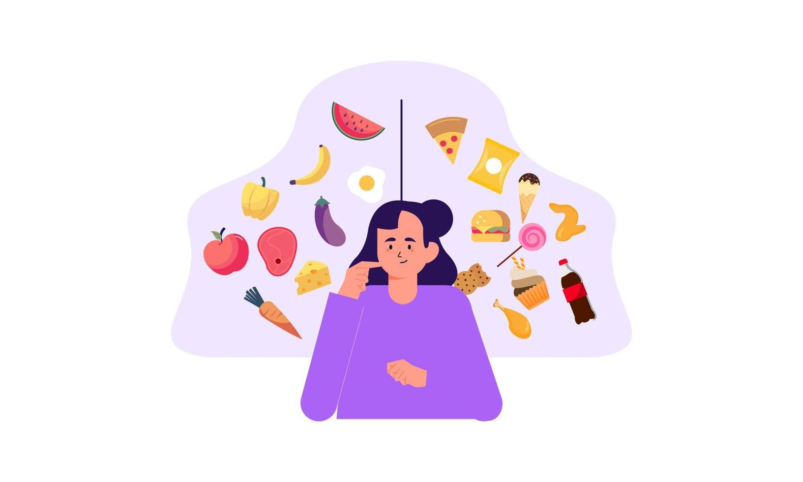 Woman choosing between healthy and unhealthy food concept illustration vector