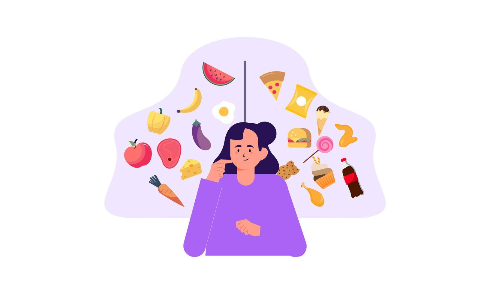 mujer eligiendo entre ilustración de concepto de alimentos saludables y no saludables vector