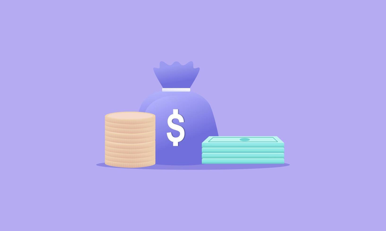 Money concept. money bag, coins stack and banknotes logo vector