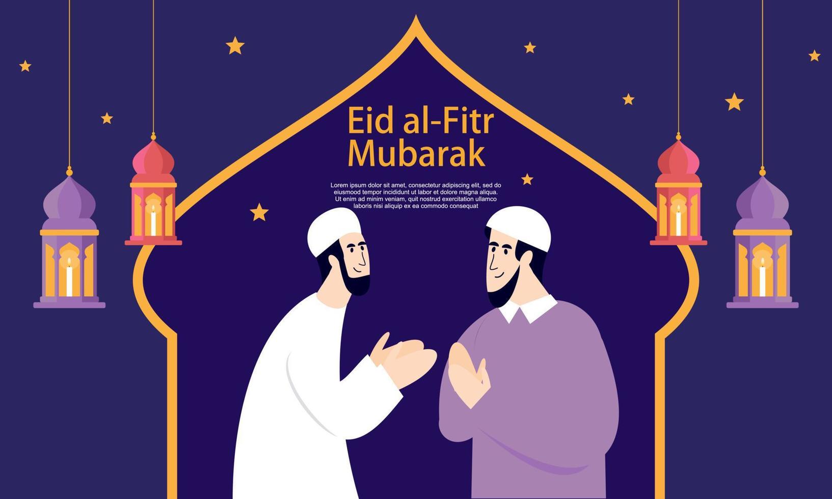 Happy eid mubarak, ramadan mubarak greeting concept with people character illustration vector