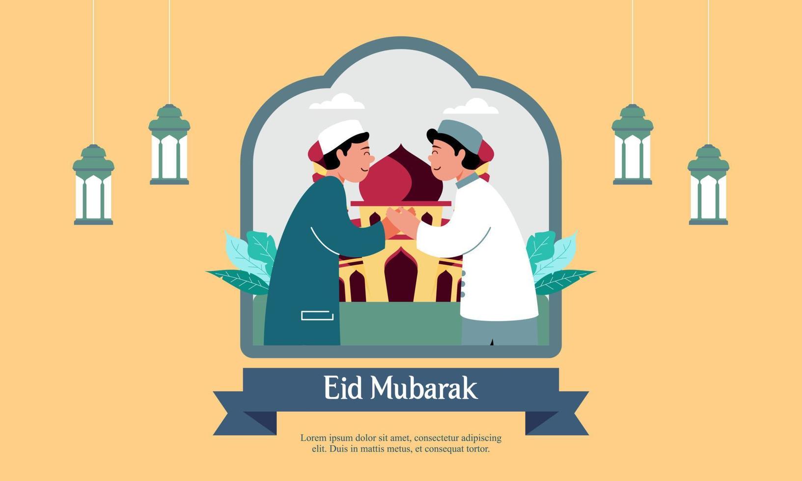 Happy eid mubarak, ramadan mubarak greeting concept with people character illustration vector