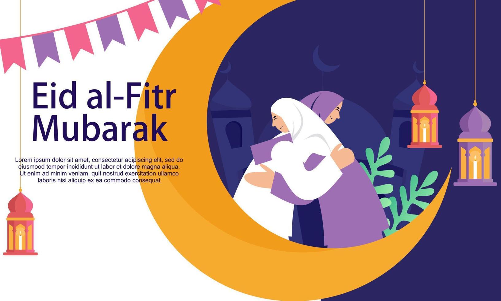 Happy eid mubarak, ramadan mubarak greeting concept with people character illustration vector