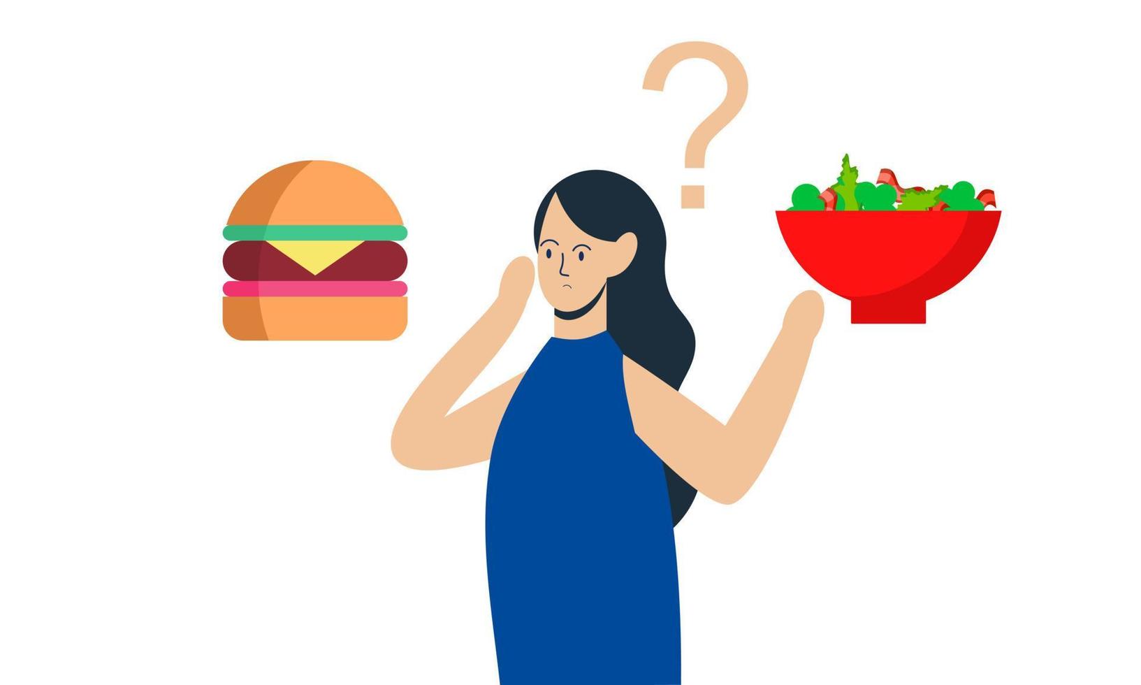 Woman choosing between healthy and unhealthy food concept illustration vector