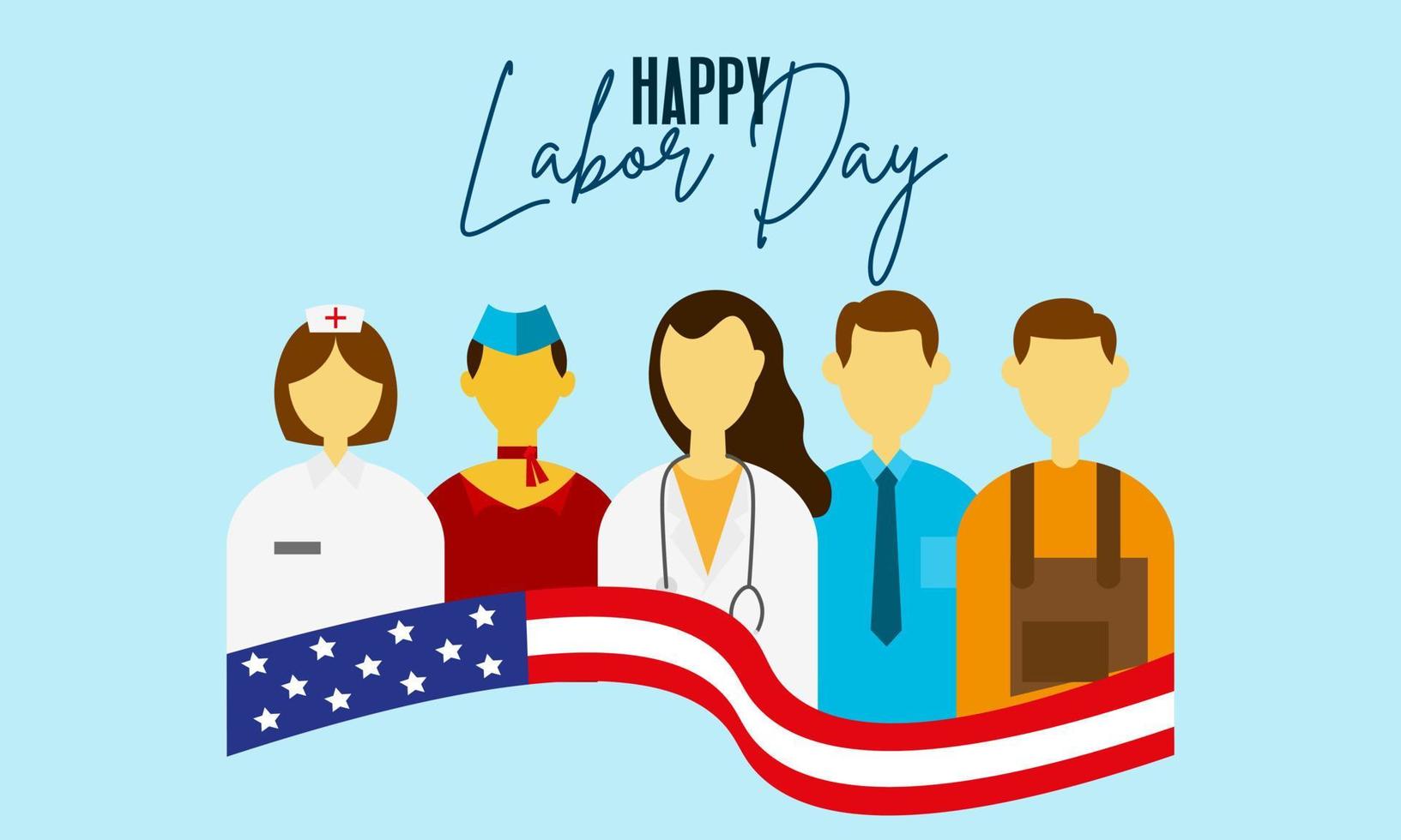Happy labor day. various occupations people standing with american flag vector