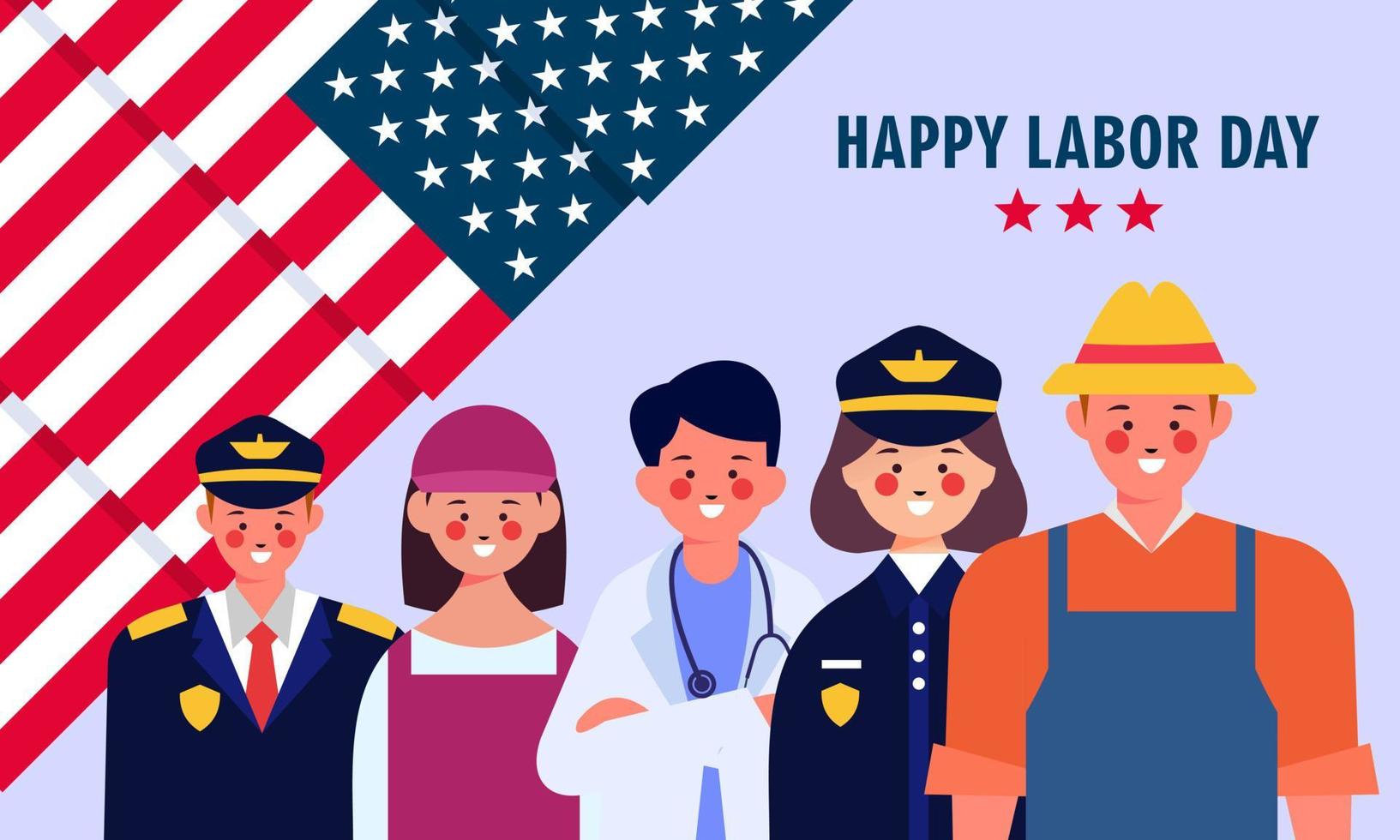 Feliz Día del Trabajo. varias ocupaciones personas de pie con bandera americana vector